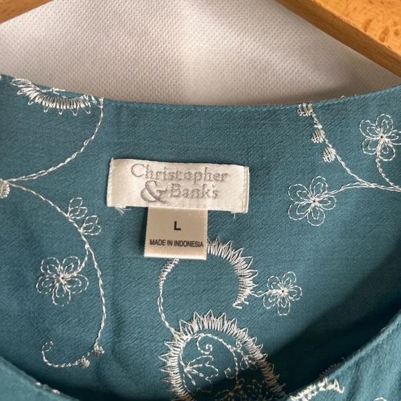 Christopher & Banks Teal Embroidered Button Front Drawstring Waist Top Sz LG - Picture 6 of 9